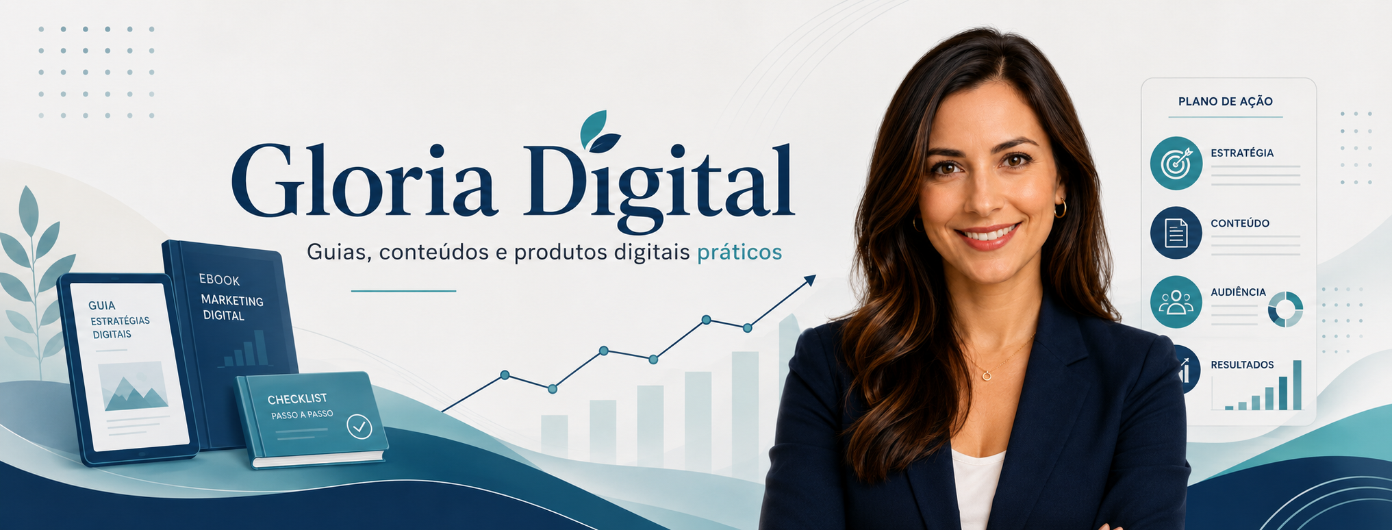 Capa da Gloria Digital com representação de guias digitais, gráficos, infográfico e uma profissional sorrindo.